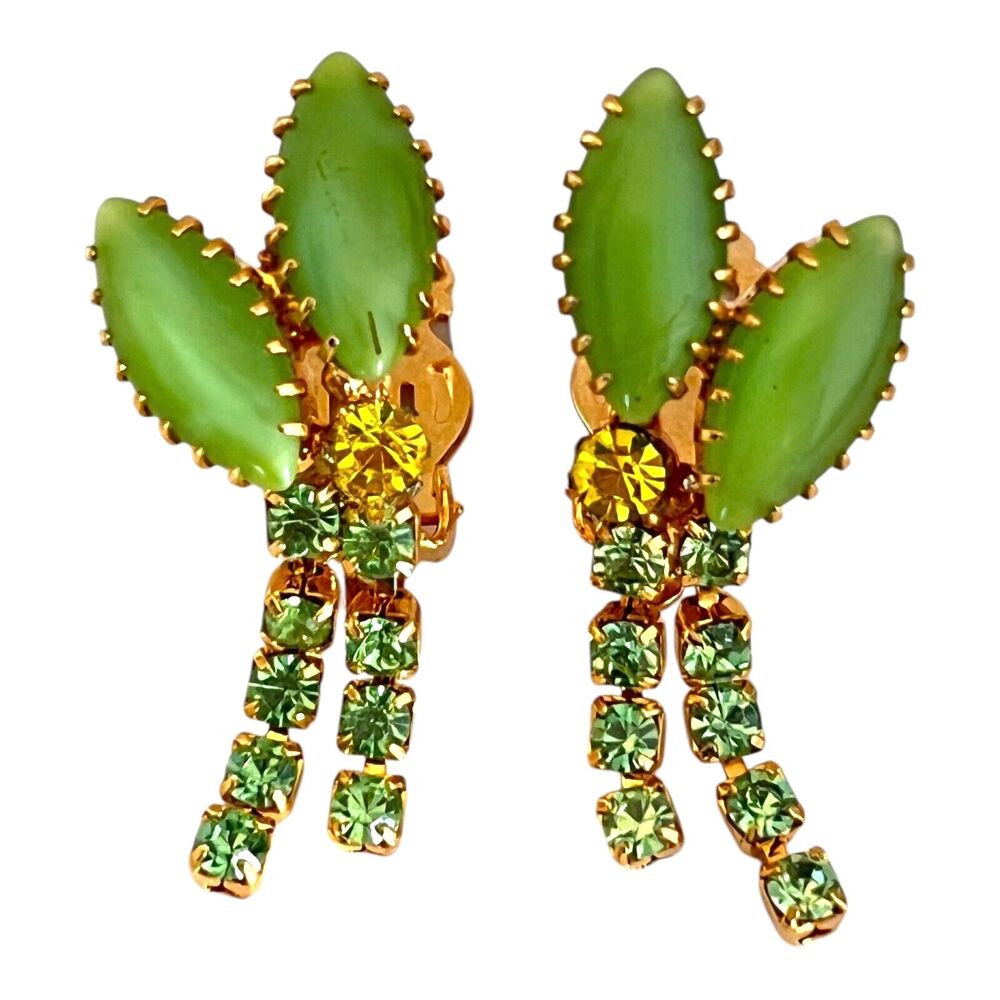 Vintage 1960s Navette Rhinestone Dangle Earrings Green Crystal Gold Tone - 8O